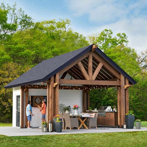 With its exposed rough-sawn cedar framing and paneled ceiling, this is a beautiful pavilion, perfect for entertaining or just enjoying the outdoors. Diy Pavilion, Design Per Patio, Pavilion Plans, Backyard Pavilion, Backyard Sheds, Backyard Shed, Building A Shed, Backyard Patio Designs, Shed Plans