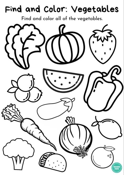 Colour The Vegetables Worksheet, Color The Fruits Worksheet, Fruit And Vegetables Worksheet Preschool, Vegetables Activity For Preschool, Vegetable Preschool Activities, Vegetables Worksheets Kindergarten, Fruits And Vegetables Worksheet For Kids, Fruits Activity For Preschool, Vegetable Worksheets Preschool