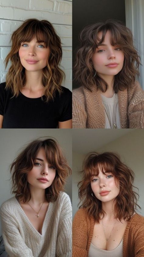 Mid Length Wavy Haircuts With Bangs, Short Hairstyle Women With Bangs Curly, Mid Length Curly Hair With Bangs, Short Hair Bangs Round Face, Wolf Cuts With Bangs, Short Haircuts With Bangs, Stylish Haircuts, Hair 2024, Penteado Cabelo Curto