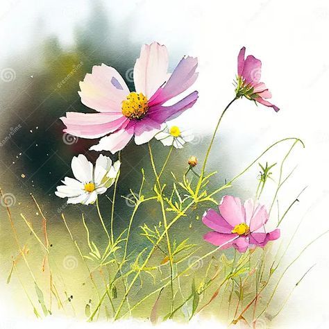 Watercolor Cosmos Flowers in the Field Stock Illustration - Illustration of flowers, drawn: 265242318 Cosmos Painting Flower, Cosmos Botanical Illustration, Cosmo Painting, Cosmos Flowers Painting, Watercolor Cosmos, Flowers Drawn, Abstract Animal Art, Cosmos Flowers, White Plants