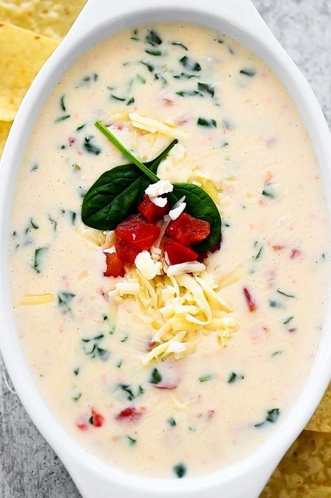 Spinach Queso Dip, Chili Bean Dip, Spinach Queso, Super Bowl Food Dip, Con Queso Dip, Spinach Cheese Dip, White Cheese Dip, White Queso Dip, Beef Dip