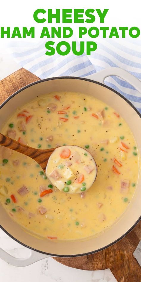 Leftover ham is transformed into a creamy and comforting soup in this Cheesy Ham and Potato Soup that's prepared with simple ingredients on the stove top. Ham And Cauliflower Soup, Easy Ham And Potato Soup, Cheesy Ham And Potato Soup, Potato And Ham Soup, Ham Potato Soup, Ham Chowder, Ham Bone Soup, Ham Soup Recipes, Potato Bacon Soup