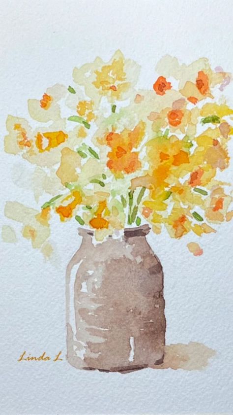 Yellow Watercolor Painting, Water Colour Art Inspiration, Pretty Watercolor Paintings, Aesthetic Watercolor Art Ideas, Watercolour Daffodils, Daffodil Watercolor, Daffodil Painting, Yellow Flowers Painting, Watercolor Flower Painting