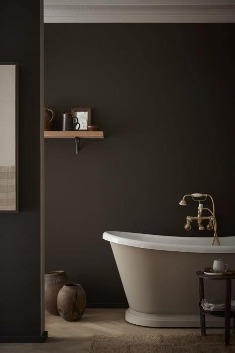 Chocolate Brown Paint, Dark Brown Bathroom, Warm Neutral Paint Colors, Dark Brown Walls, Brown Paint Colors, Dark Paint Colors, Dark Bathrooms, Neutral Paint Color, Bathroom Paint Colors