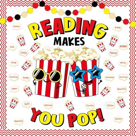 Popcorn Bulletin Board, Popcorn Theme, Reading Bulletin Boards, Dr Seuss Day, Classroom Bulletin Board, White Poppy, Bulletin Board Decor, Classroom Bulletin Boards, Board Decoration