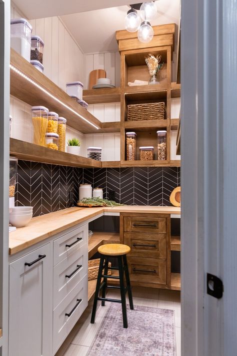 Pantry Wood Shelving Ideas, Pantry Tile Backsplash, Sink In Pantry, Pantry Spice Organization, Pantry Makeover Ideas, Diy Wood Console Table, Pantry Backsplash, Wall Pantry Ideas, Pantry Diy