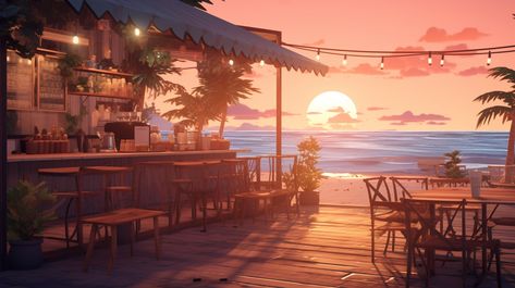 coffee shop near the beach at sunrise lofi lighting, lofi style Night Building, Sea Drawing, Beach Drawing, Color Concept, Beach Place, Sunset Color, Fantasy Concept, Beach Cafe, Beach Background