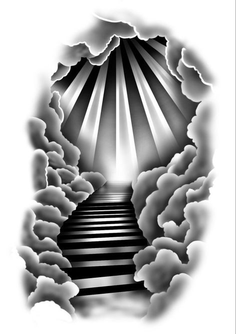 Stairway To Heaven Tattoo, Cloud Tattoo Design, Herren Hand Tattoos, 42 Tattoo, Ray Tattoo, Heaven Tattoos, Half Sleeve Tattoos Drawings, Tattoo Background, Cloud Tattoo