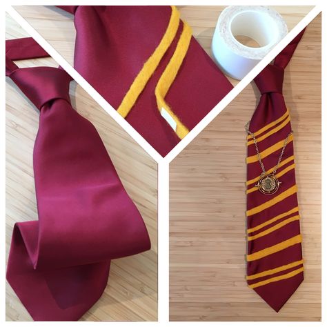 DIY Harry Potter Tie! Quickly turn any tie into hogwarts tie using old tie, felt, scissors and dress tape. Be sure to cut felt long enough for front and sides of tie that way looks more 3D and stripes look part of it not just stick across. Diy Harry Potter Tie, Harry Potter Ties Diy, Harry Potter Costumes Diy, Harry Potter Disfraz, Disfraz Harry Potter, Diy Harry Potter Costume, Hermione Costume, Felt Costume, Harry Potter Tie