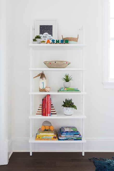 White Ladder Bookshelf, Bookshelf Kids Room, White Ladder Shelf, Ladder Wall Shelf, Acrylic Bookcase, Office Feature Wall, Kids Room Bookshelves, Kid's Playroom, Kids Shared Bedroom