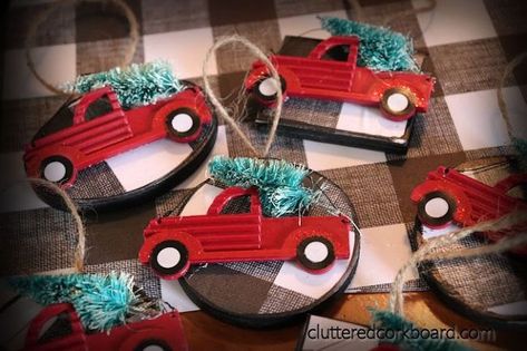 Buffalo Plaid Christmas Ornaments Diy, Red Truck Crafts Diy, Diy Red Truck Christmas Decor, Truck Ornaments Diy, Red Truck Ornaments, Red Truck Ornament Diy, Diy Red Truck Decor, Red Truck Christmas Decor Diy, Red Truck Christmas Decor Ideas