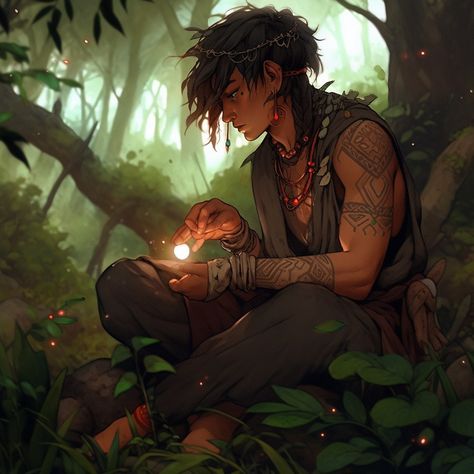 "Nature's Keeper: The Druid Man, Harmonizing with the Forest's Wisdom" Feral Druid Art, Human Druid Male Dnd, Forest Warlock, Druid Character Design Male, Male Druid Character Art, Druid Dnd Character Concept, Druid Fantasy Art, Druid Healer, Druid Aesthetic Dnd