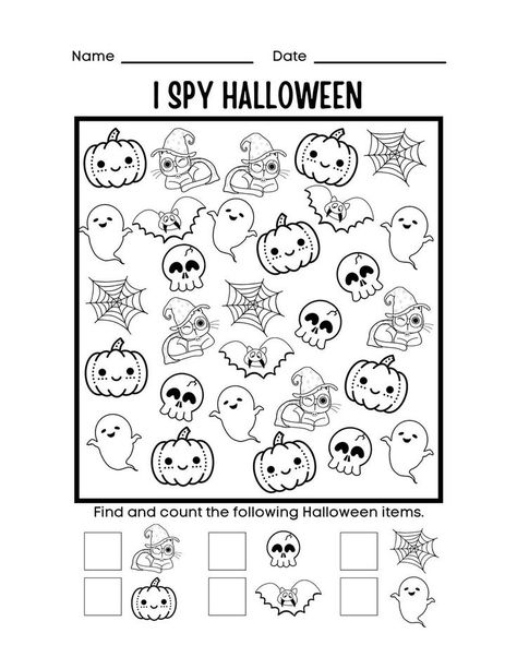 This is a great I Spy worksheet! Students will enjoy finding the pictures and counting them. Use this themed I spy game as a fun indoor activity for kids. This activity will reinforce counting skills and visual perception.😊 I Spy Halloween, Halloween Worksheets Free, Spy Halloween, Halloween Lesson Plans, Fall Worksheets, Halloween Lesson, Crafts By Season, Counting Activity, Halloween Worksheets