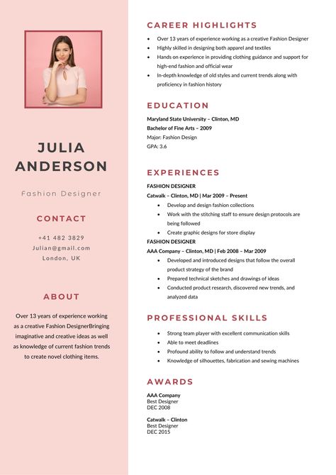 Fashion Designer Resume Format, Fashion Designing Resume, Resume Format For Graphic Designer, Fashion Cv Template, Fashion Designer Resume Template, Cv For Fashion Designer, Fashion Resume Design, Resume Design Creative Professional, Cute Resume Template