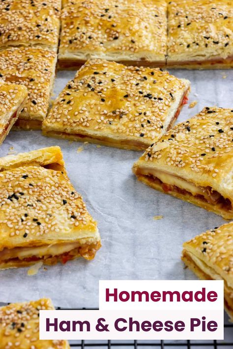 Your favourite Greek bakery delight. A delicious, flaky pie with ham and cheese baked in puff pastry. Puff Pastry Ham And Cheese, Ham And Cheese Baked, Ham And Cheese Pie, Homemade Ham, Cheesy Ham, Ham And Eggs, Hand Pie, Cheese Baked, Cheese Pie