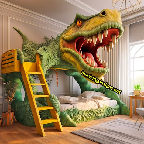 These Giant Dinosaur Shaped Bunk Beds Turn Sleepovers into Dino Adventures – Inspiring Designs Dinosaur Bed, Thema Dino, Dinosaur Bedding, Dinosaur Room Decor, Giant Dinosaur, Dinosaur Bedroom, Dinosaur Room, Unique Beds, Dinosaur Theme