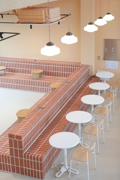 Cafe Flooring, Brick Table, Brick Bar, Brick Cafe, Cafe Furniture Design, Brick Furniture, Bakery Shop Design, Ceramic Cafe, Shop Facade