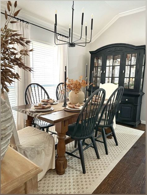 Neutral Christmas Table, Christmas Table Inspiration, Black China Cabinet, Black Wainscoting, Black China, Open Concept Home, Neutral Christmas, China Cabinets, Table Inspiration