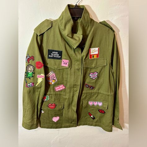 Custom Made Army Green Military Junk Patch Jacket Size Large Hang Dry Only, Do Not Put In The Dryer Bust 34 Inches Length 28 Inches Button Zipper Currently Taking Orders For Custom Orders, Dm For More Question 4 Pockets Custom Made, And Beaded Army Jacket With Patches, Vintage Patches Jacket, Junk Jackets, Sweatshirt Patches, Ralph Lauren Military Jacket, Pink Utility Jacket, Jacket With Patches, Patch Jacket, Sherpa Lined Jacket