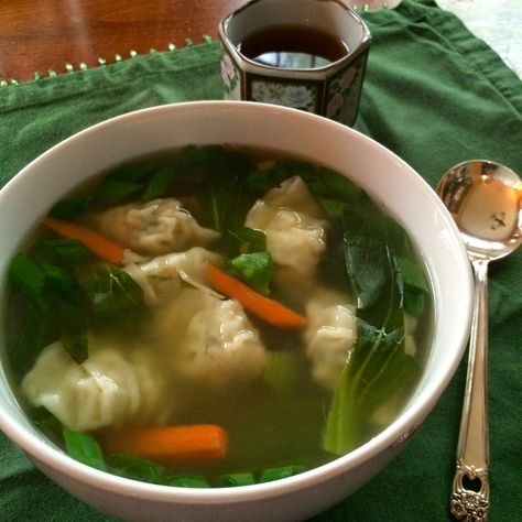 Wonton Soup with Bok Choy and Fresh Ginger True Friendships, Missing In Action, Studio Kitchen, Busy Life, Fresh Ginger, Wonton Soup, Chinese Food, Lentils, Broth