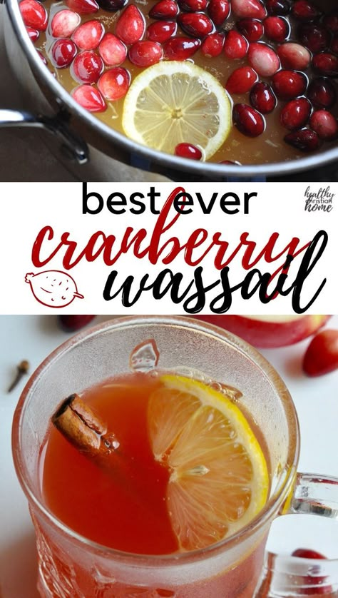 The BEST cranberry wassail recipe with apple, citrus, spices, & tangy cranberry! It's also healthy - non alcoholic & sugar free. Holiday cheer in a cup! #wassail #cranberry #sugarfree #holidayrecipe Wassail Recipe With Cranberry Juice, Cranberry Wassail, Traditional Wassail Recipe, Wassail Recipe Crockpot, Wassil Recipe, Recipe With Apple, Wassail Recipe, Bake Ideas, Cranberry Drinks