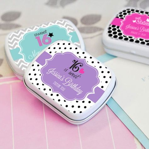 Sweet 16 Favors-Personalized Mint Tins-Quinceanera Favors-Unique Party Favors (set of 24) by SweetPartyGoodies on Etsy https://www.etsy.com/listing/269019030/sweet-16-favors-personalized-mint-tins Winter Favors, Communion Party Favors, Sweet 16 Favors, Quinceanera Favors, Favors Ideas, 15 Birthday, Unique Party Favors, Mint Tins, Sweet Sixteen Parties