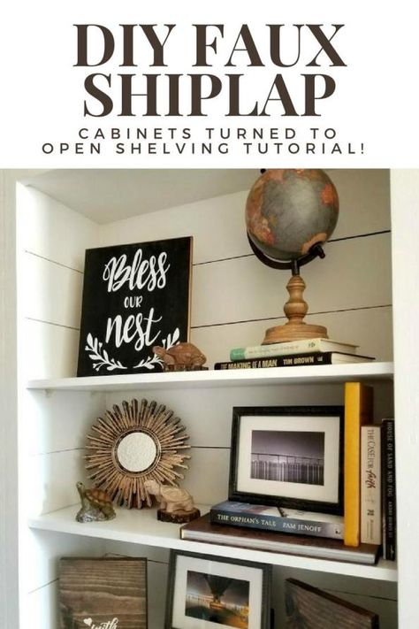 DIY Cabinets turned into open shelving tutorial! Faux Shiplap farmhouse style fireplace built-ins #openshelving #shiplap #cabinetmakeover #farmhouse Plywood Shiplap, Shiplap Diy, Shiplap Farmhouse, Diy Chalkboard Sign, Hallway Makeover, Style Fireplace, Cheap Farmhouse, Painted Cabinets, Diy Shiplap