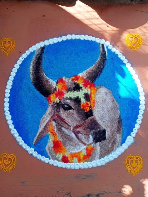 Krishna With Cow Rangoli, Pongal Theme Rangoli, Realistic Rangoli For Diwali, Govardhan Puja Rangoli, Hard Rangoli Designs, Rangoli Designs Unique Beautiful, Hard Rangoli Designs For Diwali, Maatu Pongal Kolam, Creative Rangoli Designs For Competition