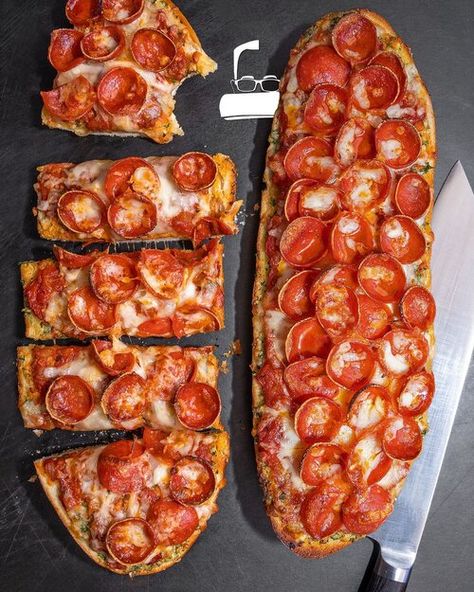 Garlic French Bread Pepperoni Pizza — SAM THE COOKING GUY French Bread Pizza With Frozen Garlic Bread, French Roll Pizza, French Bread Pepperoni Pizza, Garlic Bread Pepperoni Pizza, Pizza On Italian Bread, Pizza On Garlic Bread, Homemade Pepperoni Garlic Bread, Pepperoni Garlic Bread, Pizza French Bread Recipes