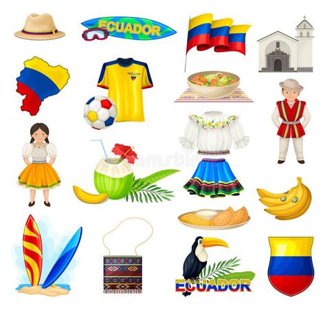 Ecuador Objects and National Symbols Big Vector Set royalty free stock images National Symbols, Teacher Things, Vector Artwork, School Projects, Ecuador, South America, Easy Drawings, Stock Images Free, Stock Vector