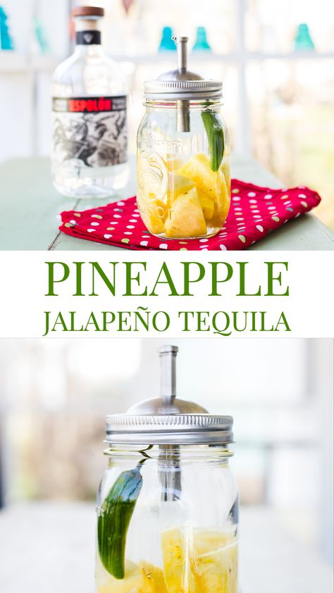 Pineapple Jalapeño Tequila - it's as amazing as it sounds!  Fruity and spicy, makes the best margaritas!  Ready in about 3 days!!  This infused tequila is going to be your favorite tequila!! Jalapeno Infused Tequila, Jalapeño Tequila, Cocktail Infusions, Infused Alcohol Recipes, Tequila Pineapple, Cocktail Recipes Tequila, Infused Tequila, Infused Liquors, Tequila Recipe