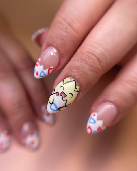 TOGEPI! Omg how cute did this little dude turn out?! 🥹 Maxine had been booked in for a month before she finally got to come and get these wee cuties! 😍 We did one on the thumb for her to look at while she’s driving and one on the ring finger to show everyone else 🤣 completed with some matching frenchies on the other nails! This was a full set of Designer Nails Soft Gel Extensions Togepi Nails, Jigglypuff Nails, Snorlax Nails, Ditto Nails, Eevee Nails, Pokemon Nails Designs, Gaming Nails, Animal Crossing Nails, Nintendo Nails