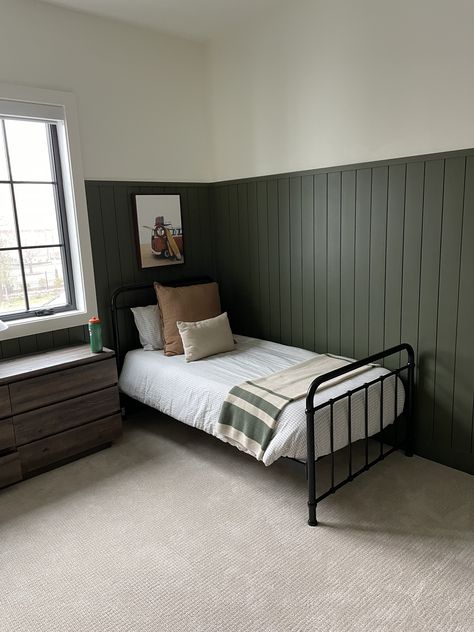 Panelling Boys Bedroom, Black Board And Batten Wall Bedroom, Boys Room Wainscoting, Board And Batten Boys Room, Half Wall Paneling Ideas Bedroom, Olive Green Accent Wall Bedroom, Accent Wall Boys Bedroom, Wallpaper Boys Room, Green Boys Room