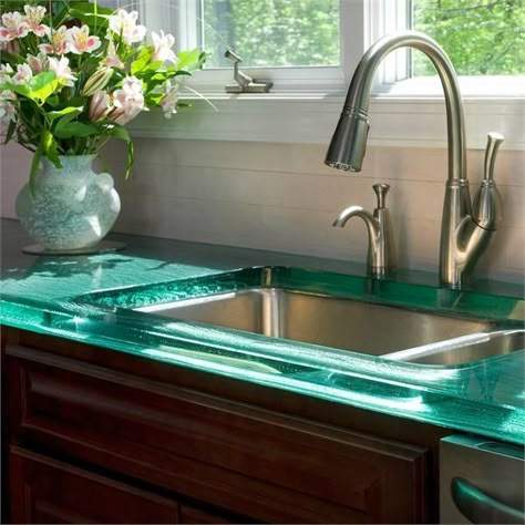 10 Most Popular Kitchen Countertops Counter Quartz, Popular Kitchen Countertops, Glass Kitchen Countertops, Modern Kitchen Countertops, Recycled Glass Countertops, Glass Countertop, Kitchen Top, Kitchen Countertop Materials, Glass Countertops