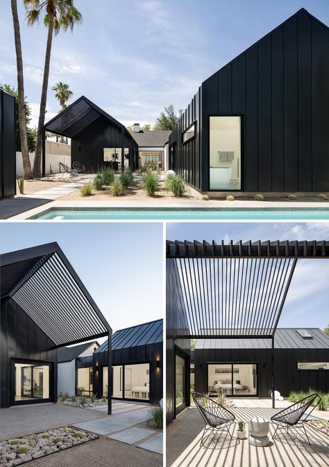 This Remodeled 1939 House With A Black Metal Extension Has An Updated Interior With Vaulted Ceilings Black House Exterior Modern, Bali Style Villa, Arch Front Door, Black Wall Tiles, Black Metal Roof, Deck Shade, Aggregate Concrete, Pole House, L Shaped House