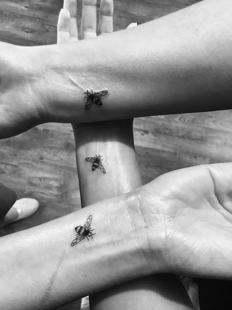 Bumble Bee Matching Tattoo, Sister Bee Tattoo, 3 Bee Tattoo, Bee On Wrist Tattoo, Bumble Bee Wrist Tattoo, Wrist Bee Tattoo, Matching Bumble Bee Tattoo, Three Bees Tattoo, Bee Matching Tattoo