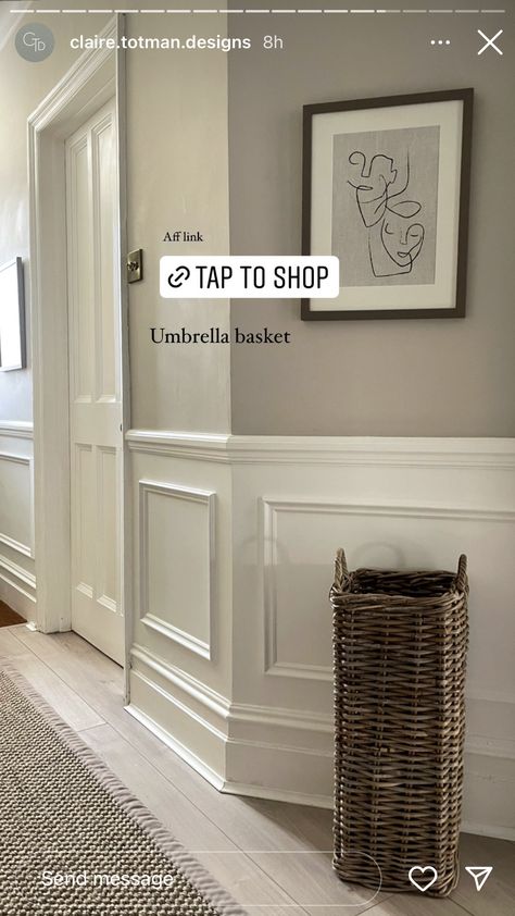 White Paneling Hallway, White Panelling Dark Walls, French Grey Panelling, Panelled Walls Hallway Entryway, Half Paneled Walls Hallway, White Panelling Beige Walls, White Panelling Hallway, High Panelling Living Room, Small Hallway Panelling