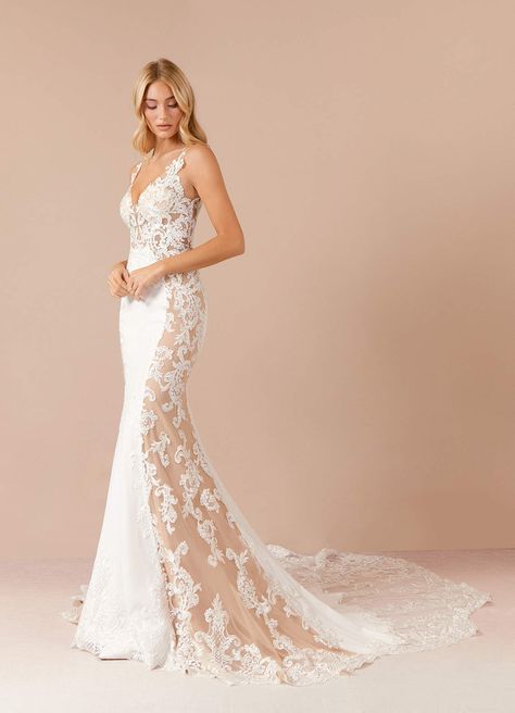 Diamond White/Nude Azazie Estephanie Mermaid Sequins Stretch Crepe Cathedral Train Dress | Azazie Dream Gown, Train Dress, Wedding Table Designs, Popular Wedding Dresses, Crepe Wedding Dress, Cathedral Train, Anthropologie Wedding, Mermaid Sequin, Camp Wedding