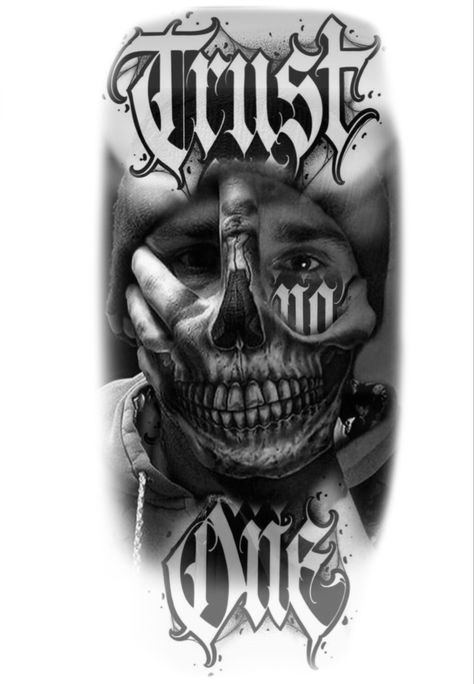 Gangsta Style Tattoo Design, Trust No One Tattoo Ideas, Trust No One Tattoo Design, Chicano Tattoo Design Ideas, Gangster Tattoo Design, Chicano Art Tattoos Gangsters, Gangster Tattoos Designs For Men, Gangster Sleeve Tattoo, Chicano Tattoo Design