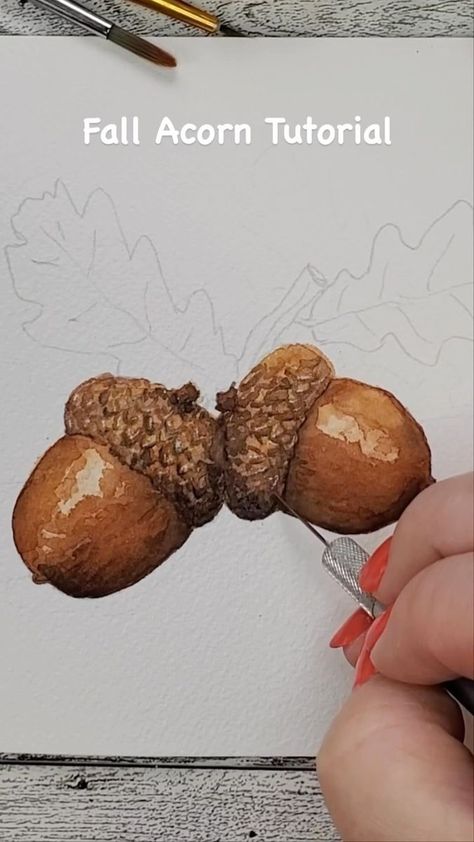 Learn how to paint some 3-D looking acorns with me! I am applying some easy techniques, mostly how to build shadows and color to create that 3-D effect, but I have a new technique to share with you close to the end which can add even more detail. Watch to the end and let me know what you think, and if this tutorial was helpful 😊 Colors I used: cadmium yellow orange, burnt sienna, moonglow, olive green, raw sienna #acorn #fallart #autumn #autumnvibes #watercolors #watercolorart #illustration #i Acorn Painting Canvas, Acorn Watercolor Paintings, Fall Watercolors Easy, Watercolor Fall Paintings, Painting On Brown Paper, Thanksgiving Painting Ideas, Autumn Painting Ideas Easy, Paint Acorns, Acorn Watercolor