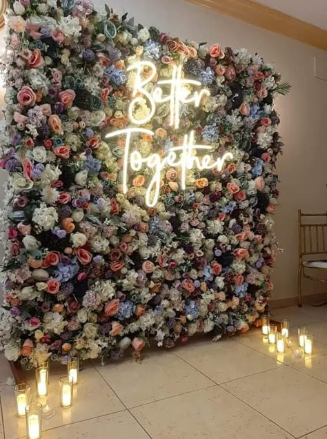 Led Flower Wall, Flower Wall Party Decoration, Photobooth Flower Backdrop, Live Flower Wall, Flower Wall Set Up, Flower Feature Wall, Flower Wall Photo Booth, Wall Gardens Outdoor, Flower Wall With Neon Sign