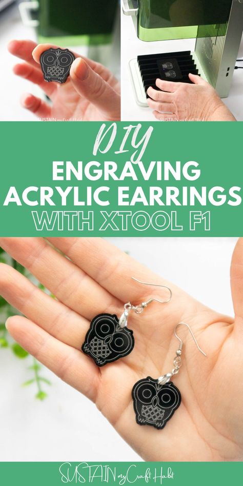 DIY Engraving made simple! Learn how to make your own engraved acrylic earrings using the XTool F1. We'll show you the step-by-step tutorial. #sustainmycrafthabit #diyengravingacrylicearrings #xtoolf1 How To Make Acrylic Earrings, How To Laser Engrave On Acrylic, Xtool F1 Project Ideas, How To Make Acrylic Earrings With Glowforge, Xtool S1 Project Ideas, Xtool P2 Projects, Xtool F1 Projects, Xtool F1, Acrylic Earrings Laser Cut Tutorial