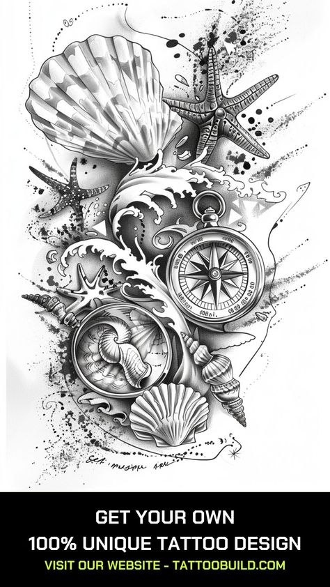 Beach Tattoo Ideas: Best Design Ideas - Tattoo Build Sleeve Tattoos For Women Beach Theme, Turtle And Seashell Tattoo, Ocean Sticker Sleeve Tattoo, Ocean Floor Tattoo, Ocean Animal Tattoos Sea Creatures, Ocean Theme Sleeve Tattoo, Sea Tattoo Sleeve Ocean Themes, Ocean Sleeve Tattoo Women, Cali Tattoo Ideas