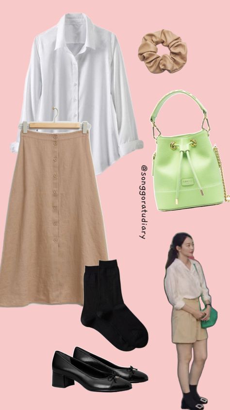 Shin Min A Yoon Hye Jin Hometown Cha Cha Cha KDrama Inspired Outfit White Shirt Beige Skirt OOTD Hometown Cha Cha, Skirt Ootd, Hometown Cha Cha Cha, Beige Skirt, Outfit White, Quick Outfits, Green Skirt, College Outfits, Green Bag