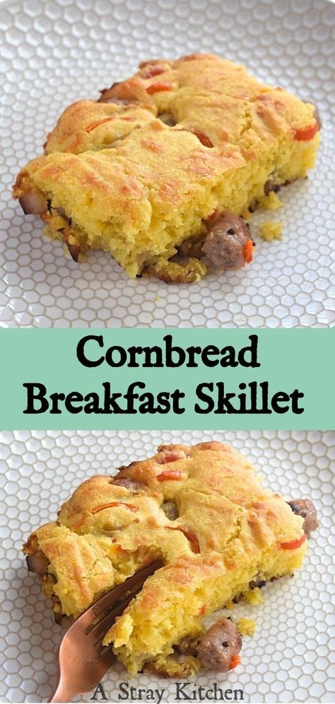 Cornbread Breakfast Skillet  is a quick and flavorful breakfast with little effort. Perfect for having brunch with friends and family. There is no slaving over the stove while everyone else visits. Simply saute up the meat and veg, add the cornbread batter and tuck it into the oven while you visit with everyone– A Stray Kitchen  #glutenfree #cornbread #breakfastrecipe #brunchideas Cornbread Breakfast Ideas, Glutenfree Cornbread, Breakfast Cornbread, Cornbread Breakfast, Bake Gluten Free, Gf Breakfast, Sides Recipes, Breakfast Skillet, Gluten Free Recipes For Breakfast