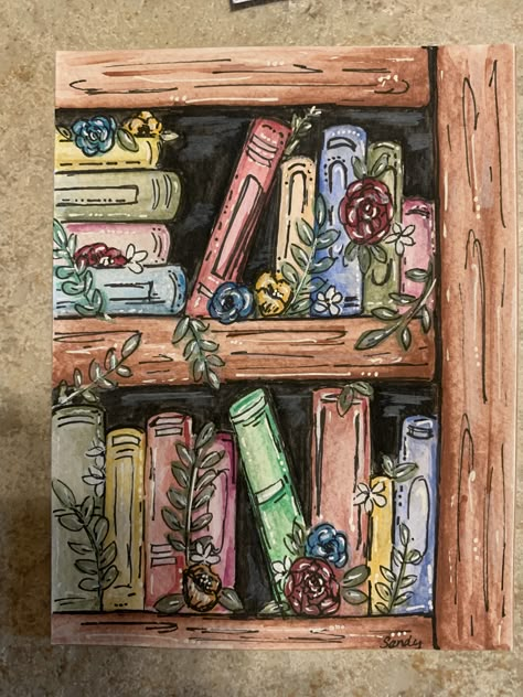 Paintings Of Bookshelves, Book Themed Paintings, Book Cartoon Aesthetic, Books Aesthetic Painting, Book Shelf Painting Canvas, Booktok Painting, Book Paintings On Canvas, Bookish Painting Ideas, Open Book Painting