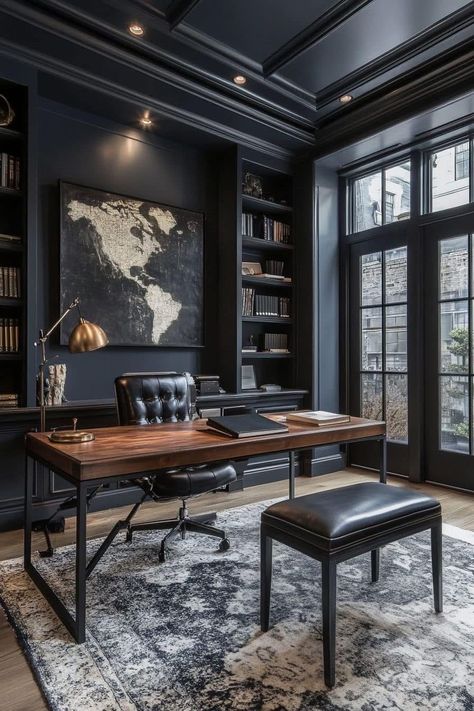 Academia House Interior, Man Home Office Ideas, Mans Office At Home, Home Office For Men Workspaces, Mens Home Decor Masculine Interior, Elegant Dark Academia, Modern Masculine Office, Men’s Home Office, Dark Home Office