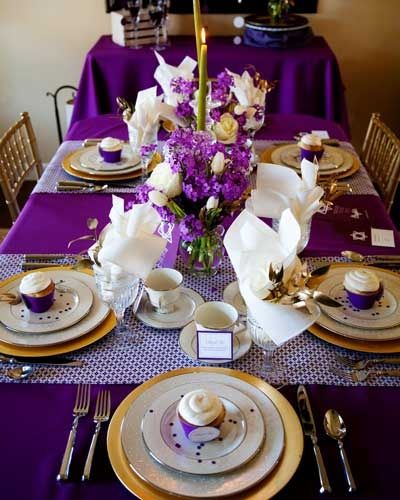 purple and gold party ideas | Purple And Gold Dinner Party Tablescape- B. Lovely Events Wedding Table Settings Purple, Black Tablescape, Dv Awareness, 20th Bday, Gold Table Setting, Christmas Tables, Thanksgiving Tablecloth, Purple And Gold Wedding, Purple Table