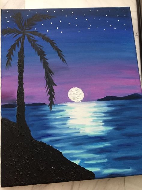 Night Beach Painting, Palm Tree Painting Acrylic, Palm Tree Painting, Palm Trees Painting, Beach Painting, Diy Art Painting, Tree Painting, Palm Tree, Diy Art