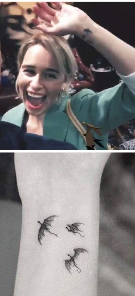 Emilia Clarke with her new Game of Thrones tattoo Emilia Clarke Tattoo Dragons, Game Of Throne Tatoos, Game Of Thrones Dragon Tattoo For Women, 3 Dragons Tattoo Game Of Thrones, Daenerys Dragons Tattoo, Three Dragons Tattoo Game Of Thrones, Daenerys Targaryen Tattoo Ideas, Game Of Thrones Inspired Tattoos, Game Of Thrones Wolf Tattoo